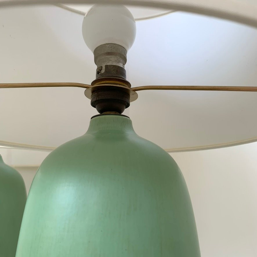 Paire de lampes de table en céramique vertes signées Vallauris, circa 1950, France.-photo-6