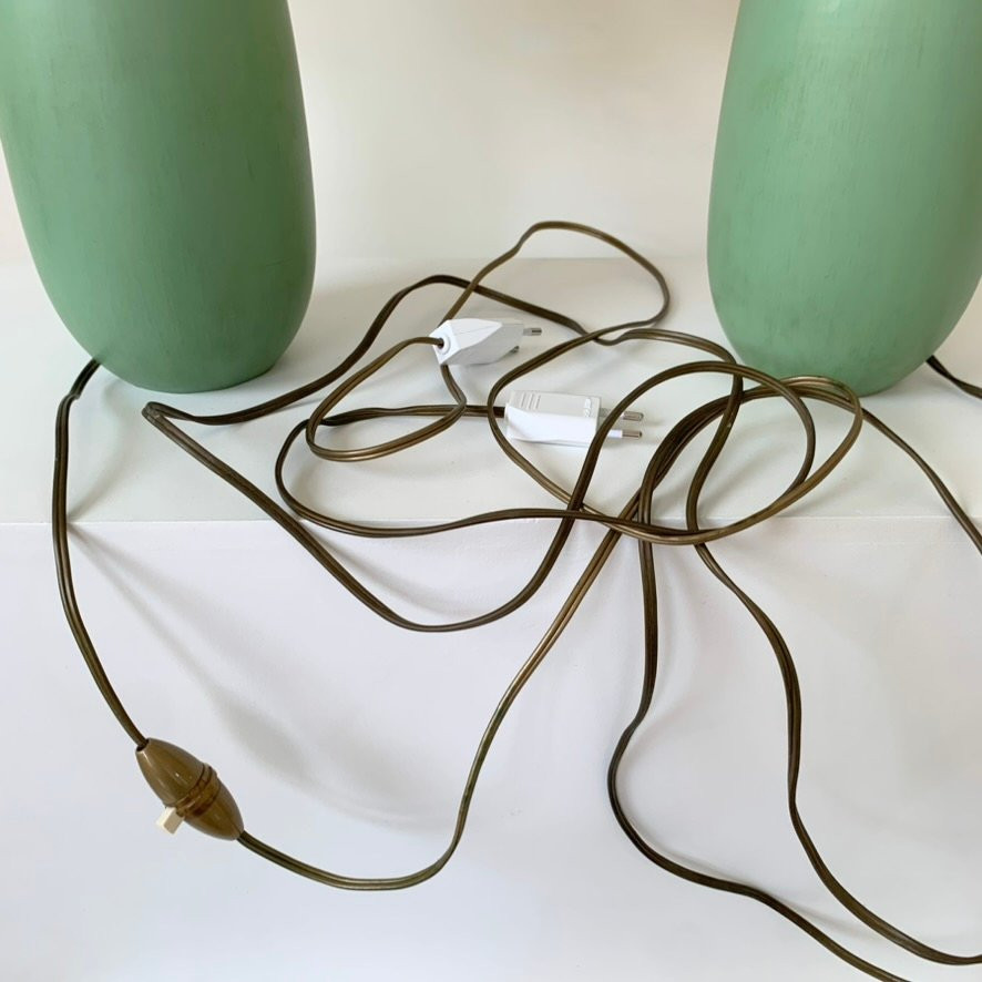 Paire de lampes de table en céramique vertes signées Vallauris, circa 1950, France.-photo-7
