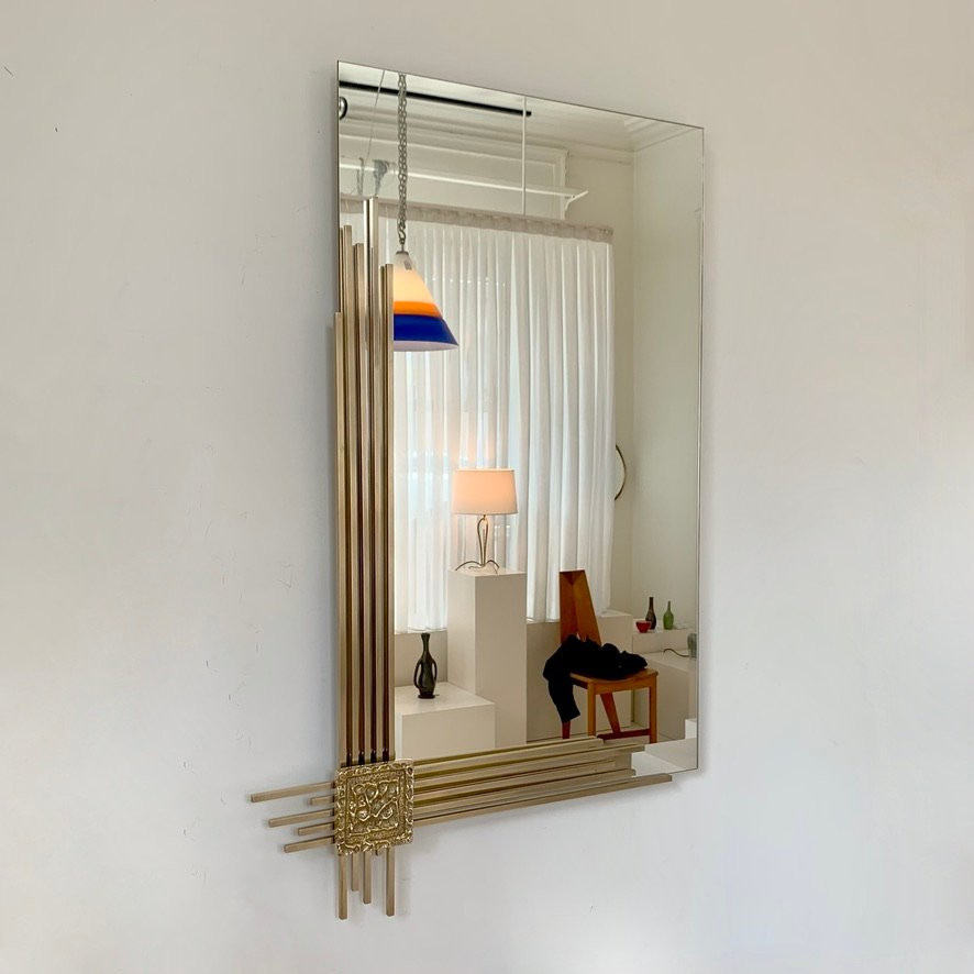 Miroir mural en bronze signé Angelo Brotto pour Esperia, vers 1970, Italie.-photo-2