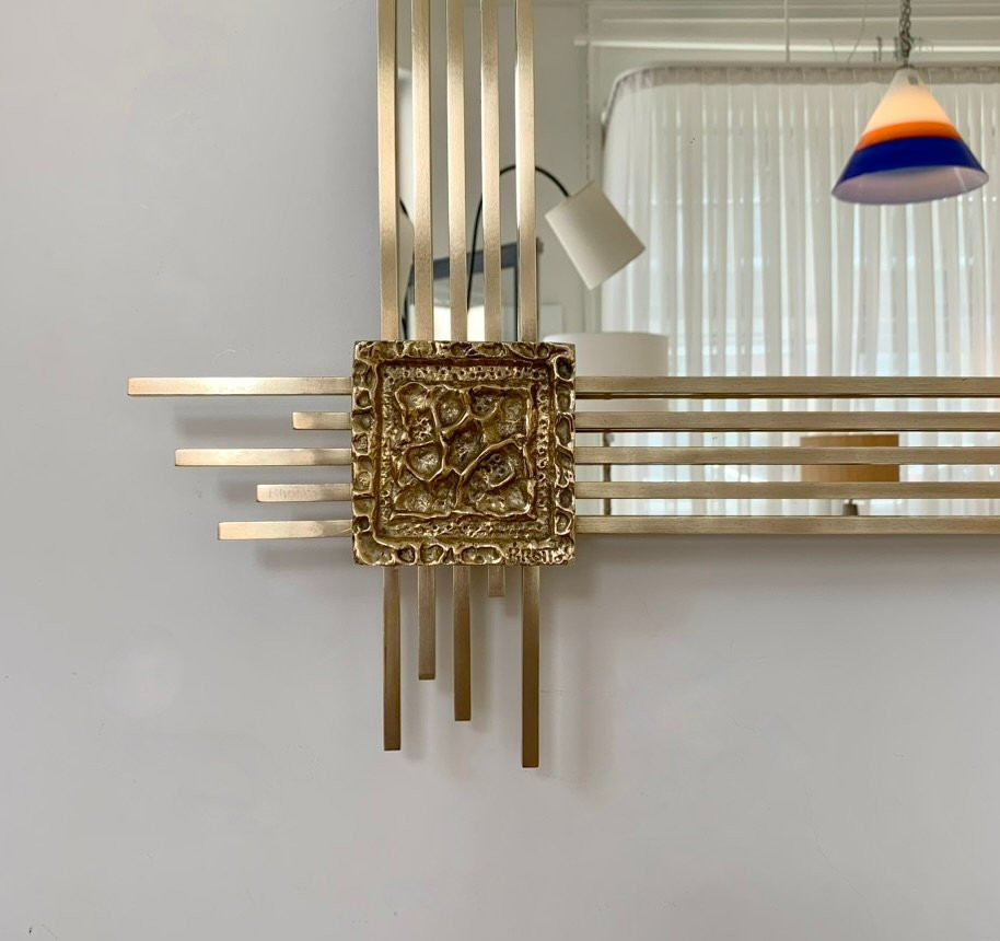 Miroir mural en bronze signé Angelo Brotto pour Esperia, vers 1970, Italie.-photo-4