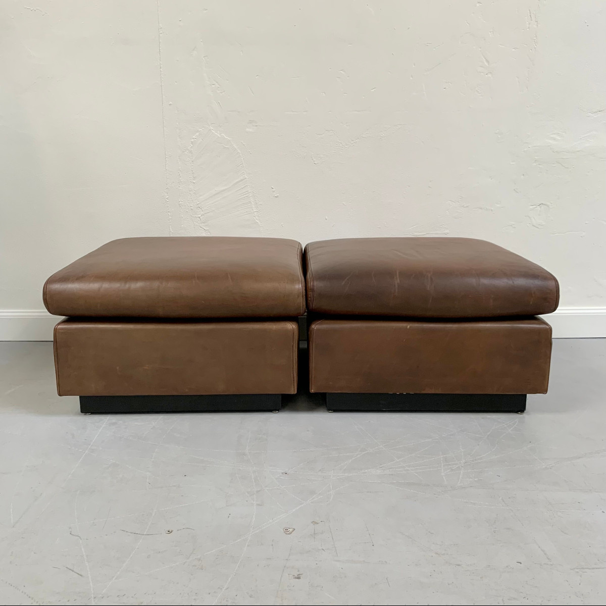 Pair Of Large Brown Leather Poufs By Mobilier International, Circa 1970, France.