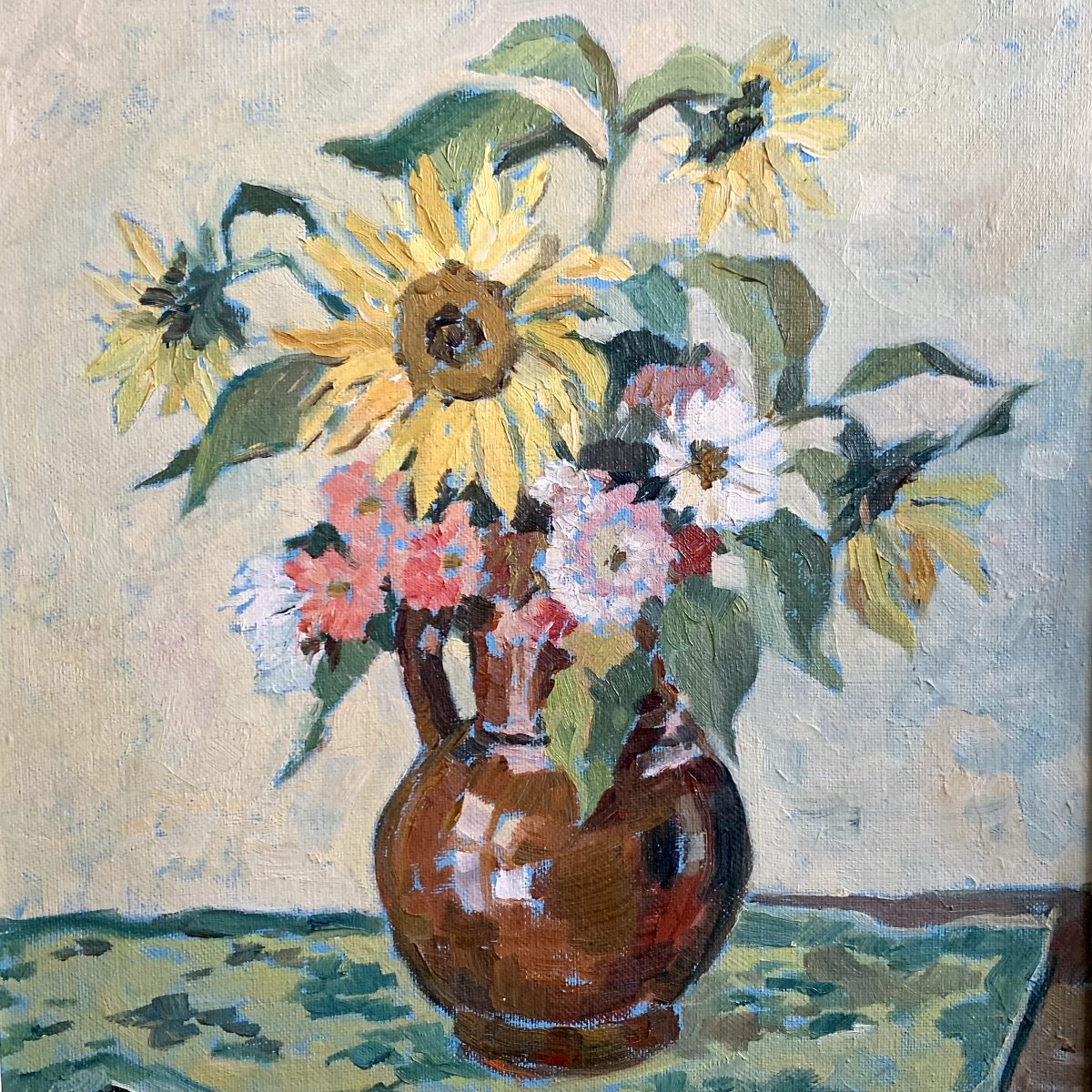 Still Life With Flowers, 1950s-60s, Oil On Isorel Panel.-photo-3