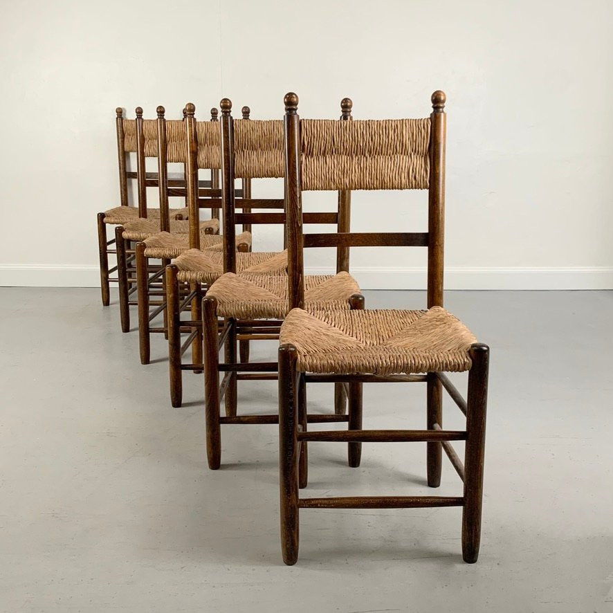 Set de 6 chaises en chêne et paille, vers 1960, France.-photo-2