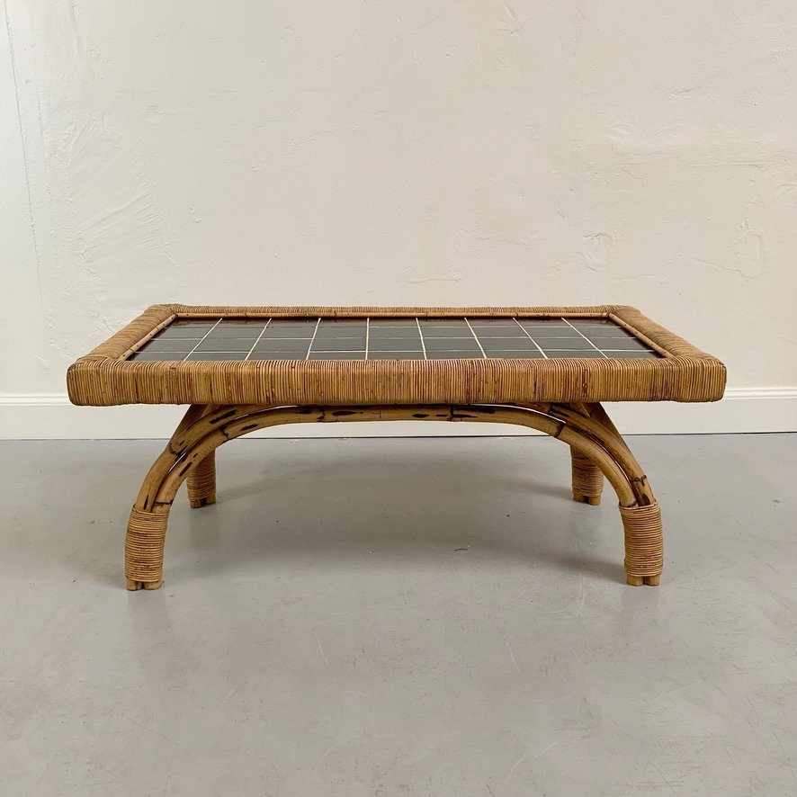 Coffee Table Made Of Bamboo, Rattan And Ceramic, Circa 1950, France.-photo-2