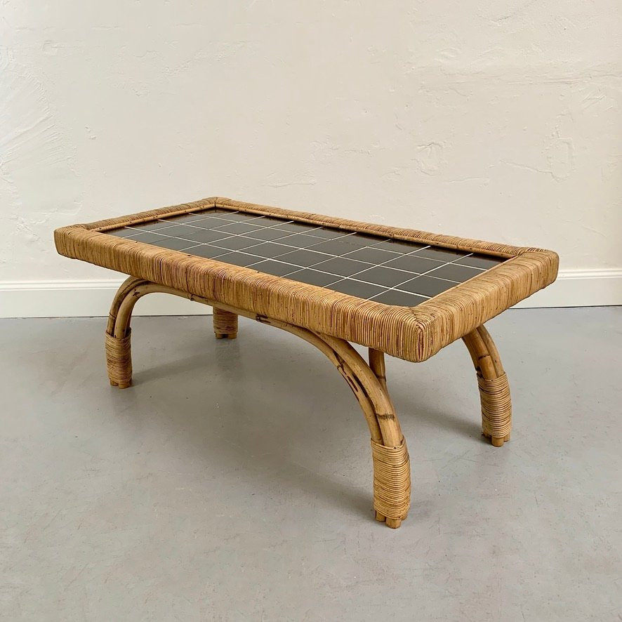 Coffee Table Made Of Bamboo, Rattan And Ceramic, Circa 1950, France.-photo-1