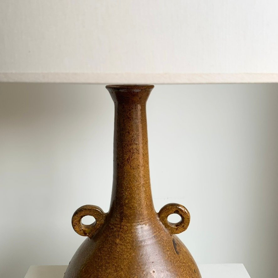 Ochre-brown Mid-century Decorative Ceramic Lamp, Circa 1960, France.-photo-3