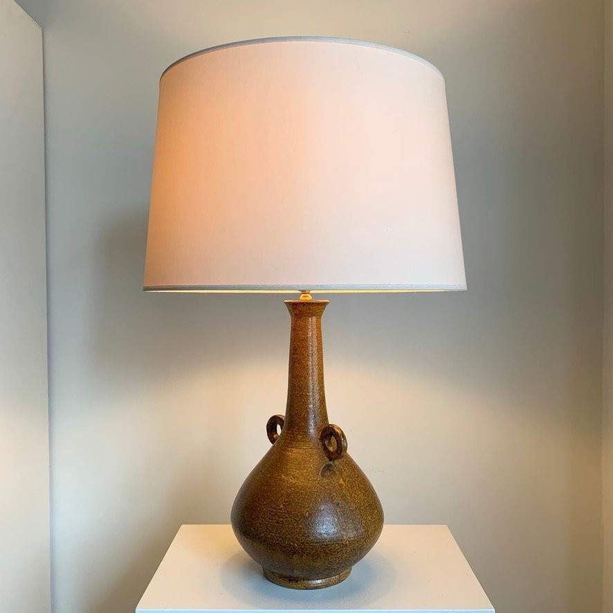 Ochre-brown Mid-century Decorative Ceramic Lamp, Circa 1960, France.-photo-3