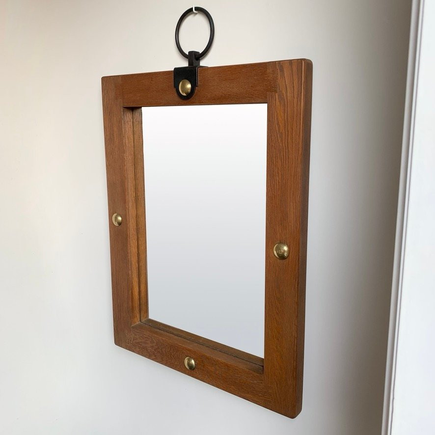 Mid-century Decorative Oak And Metal Mirror, Circa 1960, France.-photo-3