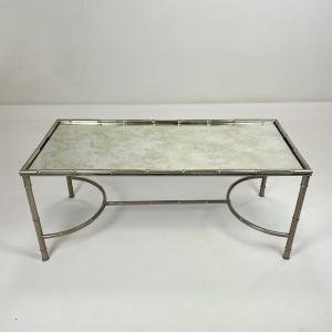 Table basse faux bambou métal nickelé et miroir oxydé, circa 1960, France.