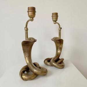 Pair Of Brass Cobra Lamps, Circa 1970, France