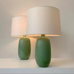 Pair Of Green Ceramic Table Lamps, Vallauris, Circa 1950, France.