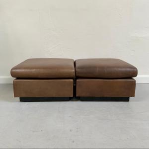 Pair Of Large Brown Leather Poufs By Mobilier International, Circa 1970, France.