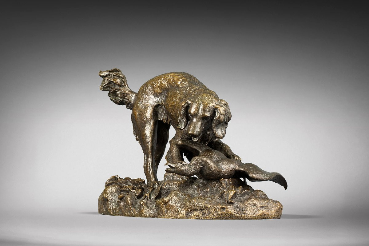  Large-framed Spaniel Pointing At A Goose, By Antoine-louis Barye (1795-1875)  -photo-1