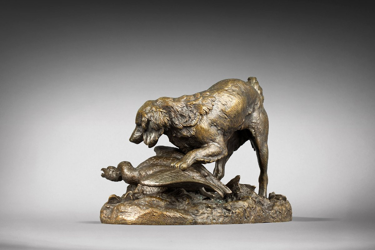  Large-framed Spaniel Pointing At A Goose, By Antoine-louis Barye (1795-1875)  -photo-2