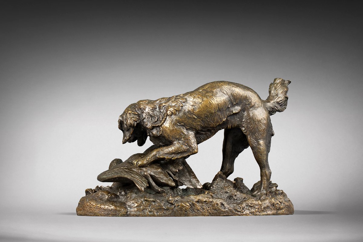  Large-framed Spaniel Pointing At A Goose, By Antoine-louis Barye (1795-1875)  -photo-2