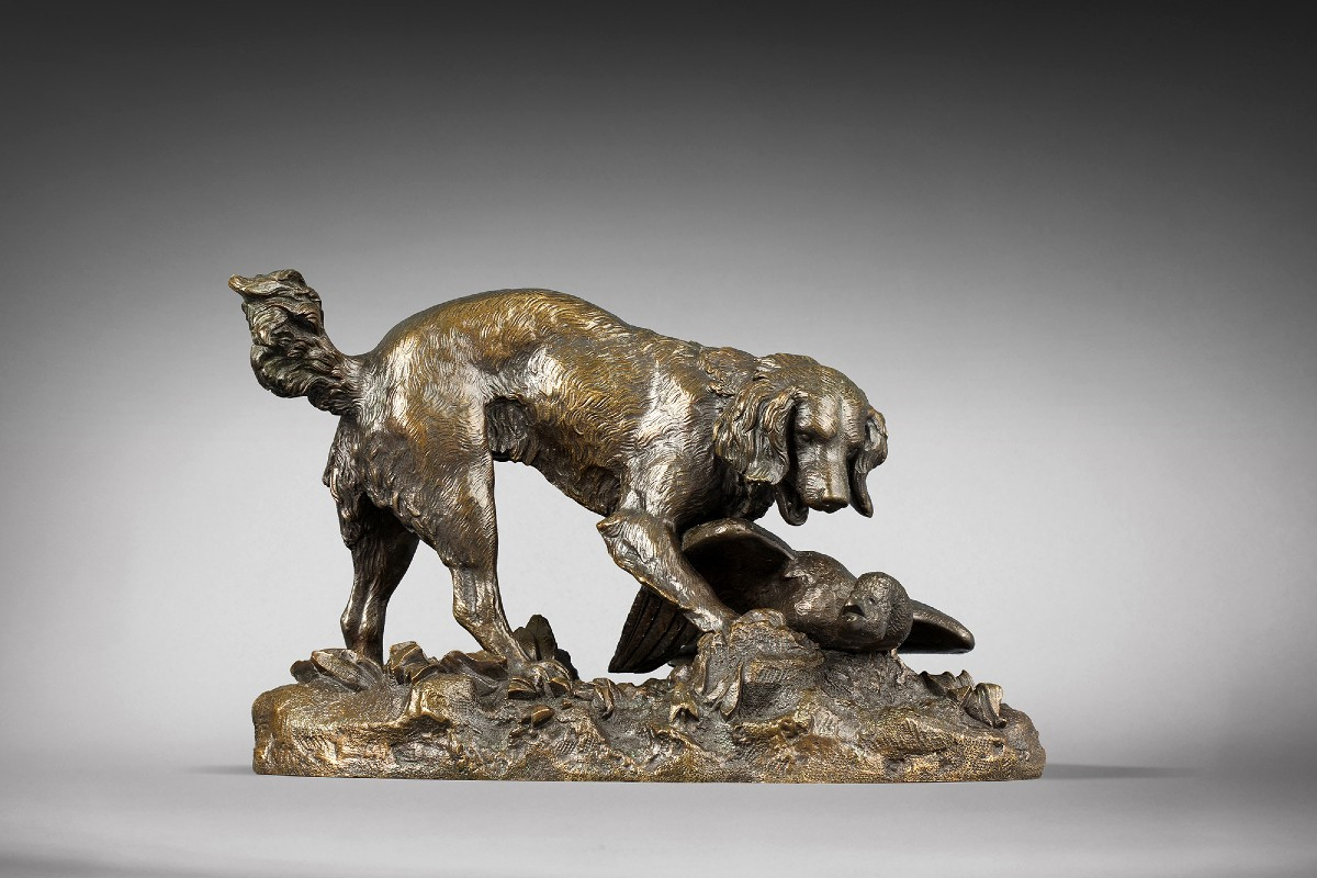  Large-framed Spaniel Pointing At A Goose, By Antoine-louis Barye (1795-1875)  