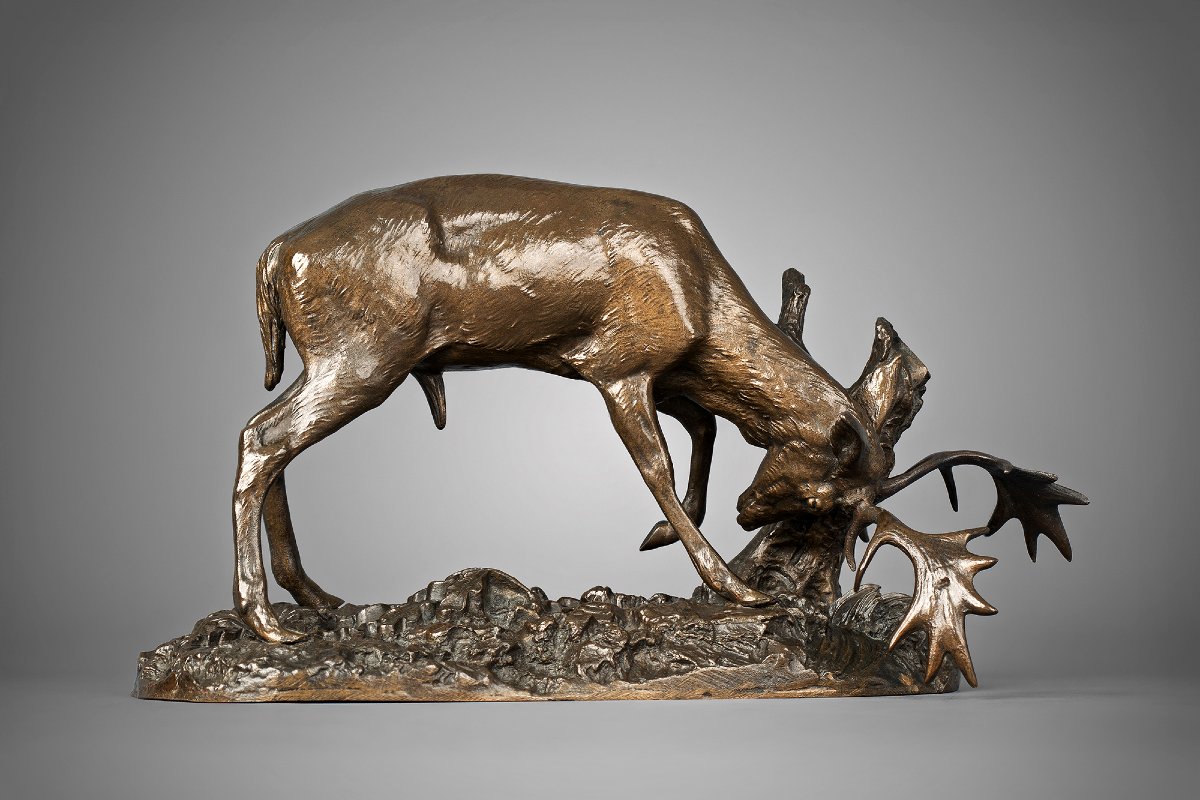 Deer Rubbing Its Antlers Against A Tree, Antoine-louis Barye, Paris (1795-1875)-photo-2