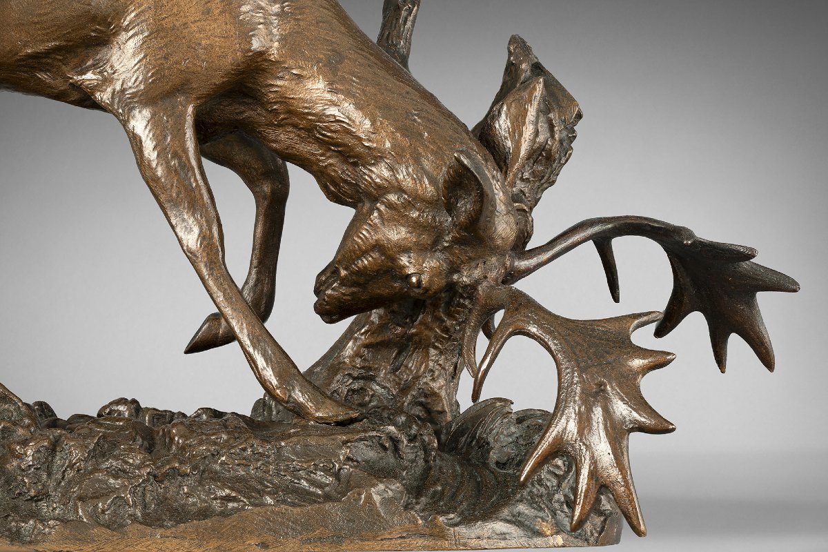 Deer Rubbing Its Antlers Against A Tree, Antoine-louis Barye, Paris (1795-1875)-photo-3