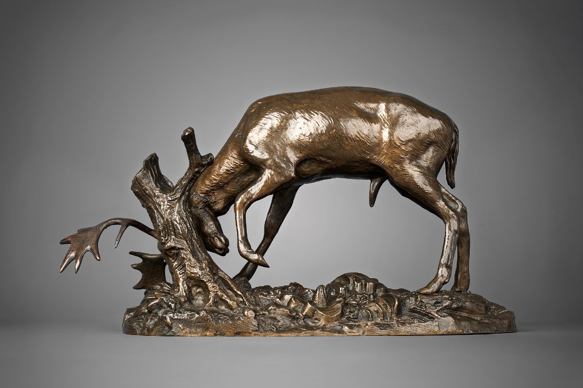 Deer Rubbing Its Antlers Against A Tree, Antoine-louis Barye, Paris (1795-1875)-photo-4