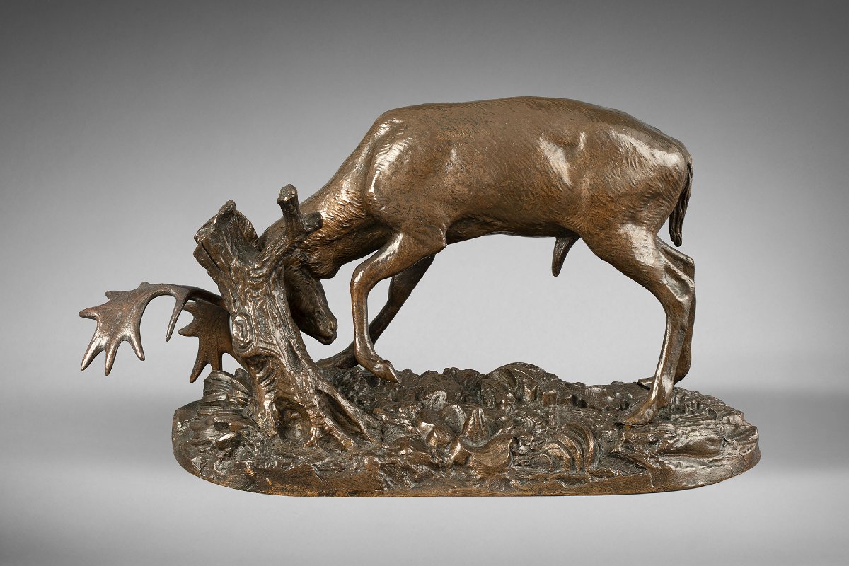 Deer Rubbing Its Antlers Against A Tree, Antoine-louis Barye, Paris (1795-1875)-photo-2