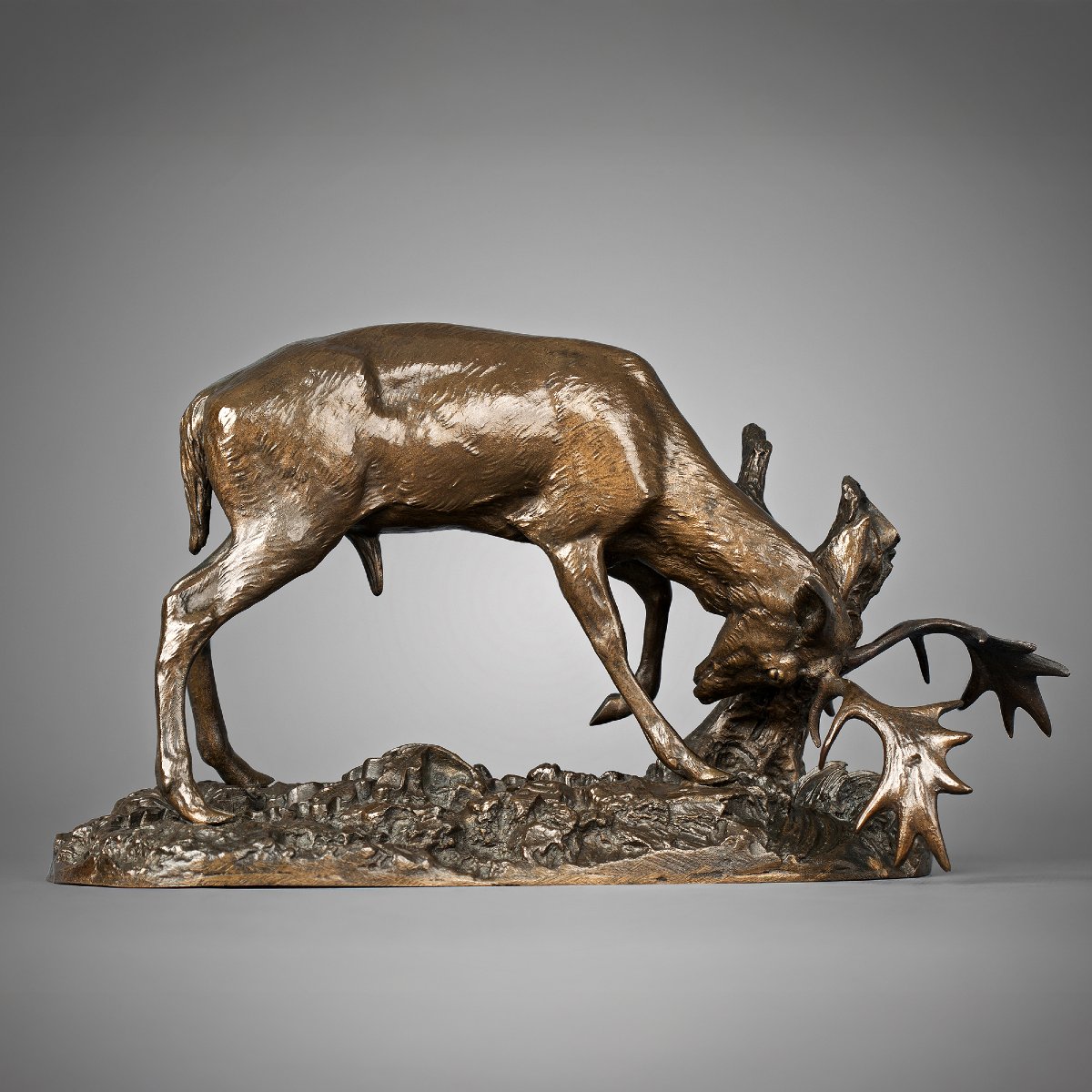 Deer Rubbing Its Antlers Against A Tree, Antoine-louis Barye, Paris (1795-1875)