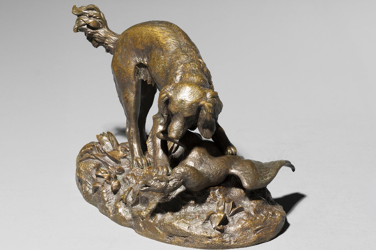 Épagneul en arrêt sur une oie (terrasse naturaliste) Antoine-Louis BARYE (1795-1875)-photo-1