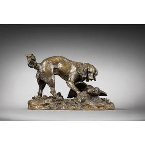 Large-framed Spaniel Pointing At A Goose, By Antoine-louis Barye (1795-1875)