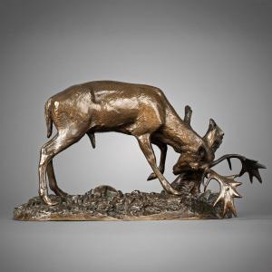 Deer Rubbing Its Antlers Against A Tree, Antoine-louis Barye, Paris (1795-1875)