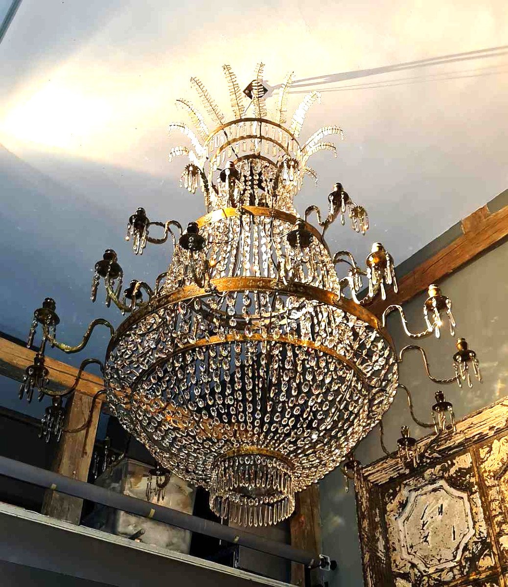 Très Grand Lustre Italien Néoclassique Avec Une Riche Tenture En Cristal, Naples Vers 1820-photo-3