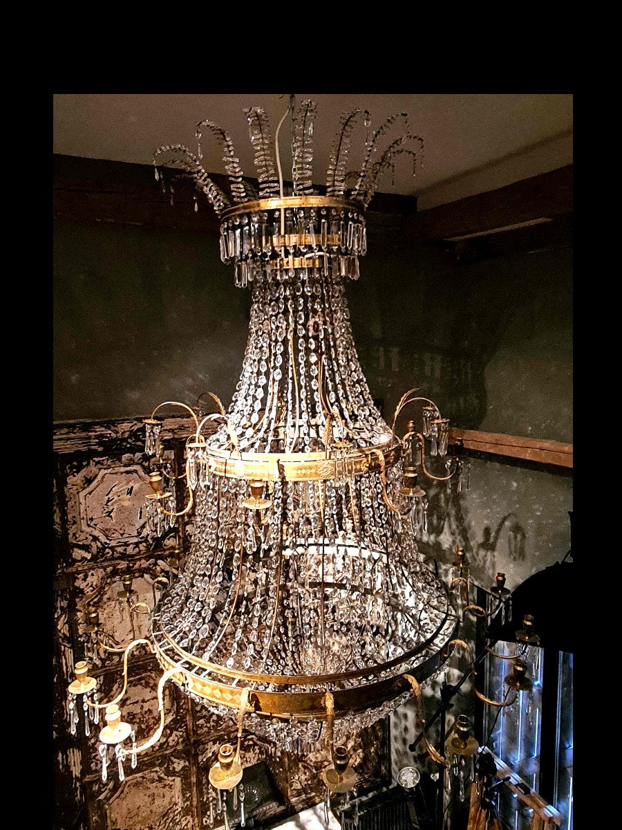 Très Grand Lustre Italien Néoclassique Avec Une Riche Tenture En Cristal, Naples Vers 1820-photo-4