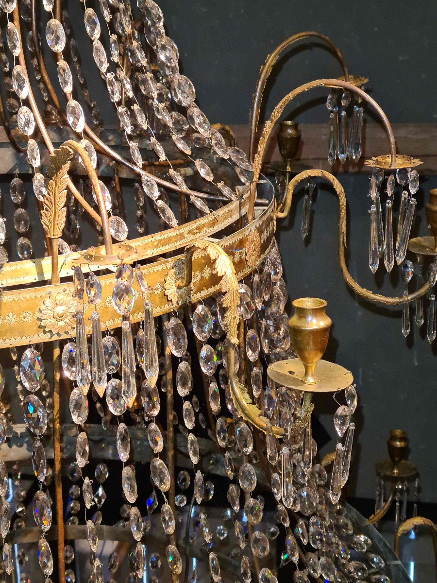 Très Grand Lustre Italien Néoclassique Avec Une Riche Tenture En Cristal, Naples Vers 1820-photo-3