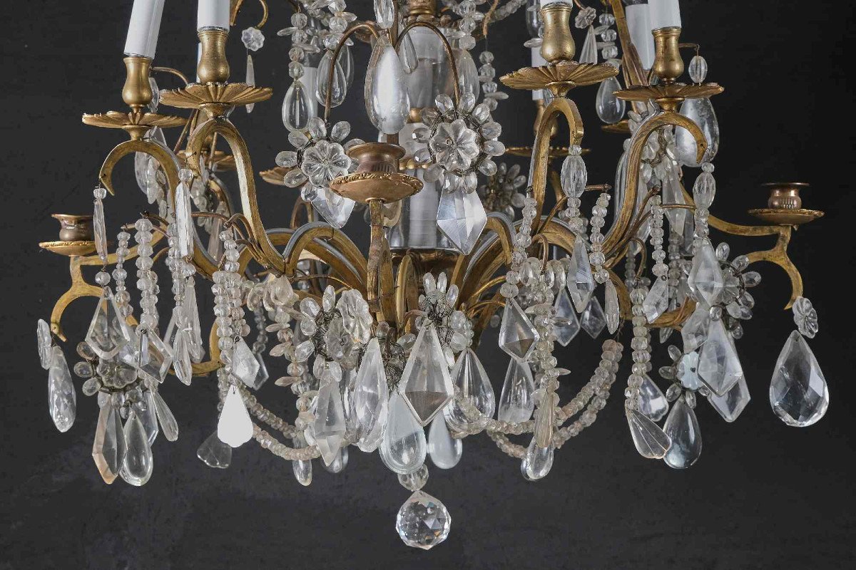 Très Beau Lustre Cage En Cristal De Roche Et Bronze Doré, Paris 19e-photo-2