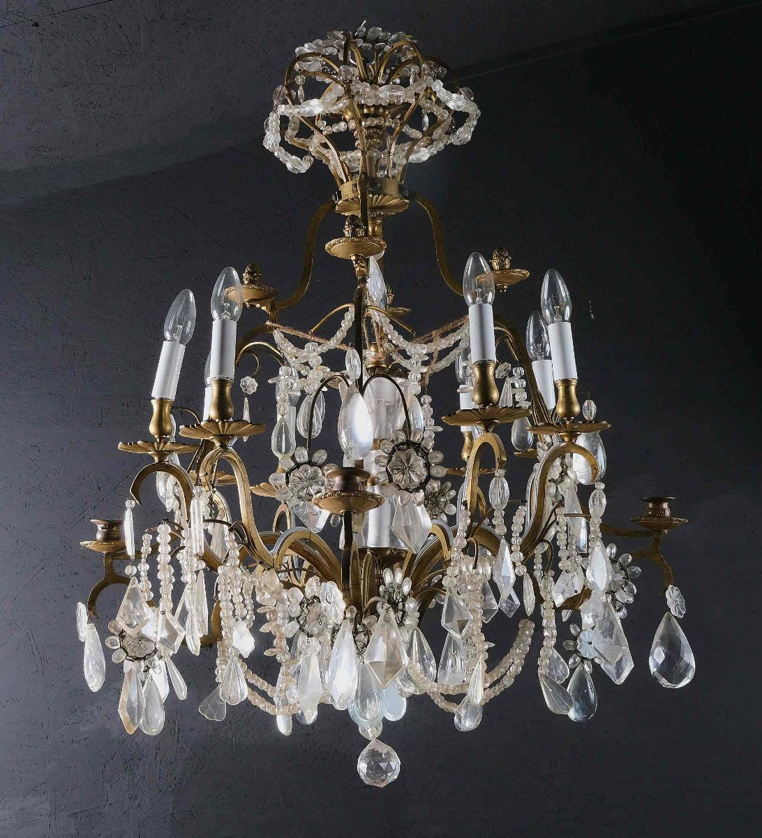 Très Beau Lustre Cage En Cristal De Roche Et Bronze Doré, Paris 19e-photo-3
