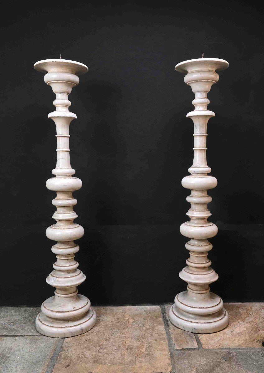 A Pair Of Monumental Carrara Marble Candlesticks, Rome 17th Century-photo-4