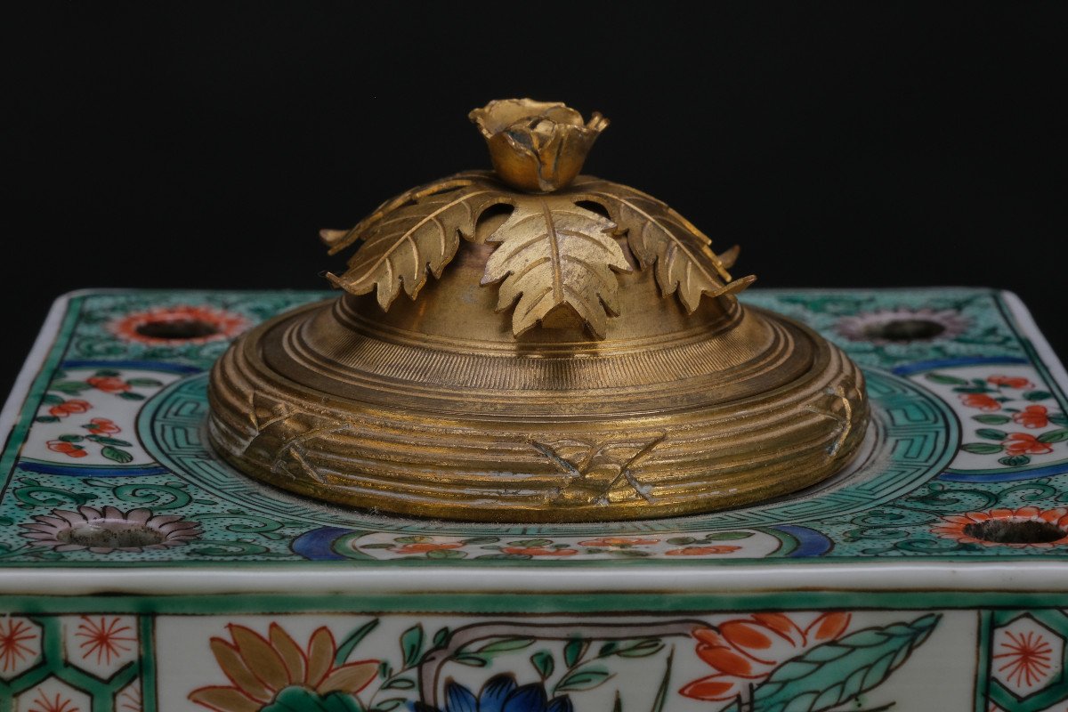 Encrier Néoclassique Doré Au Mercure  Avec Famille Vert Porcelaine, Angleterre Vers 1800-photo-3