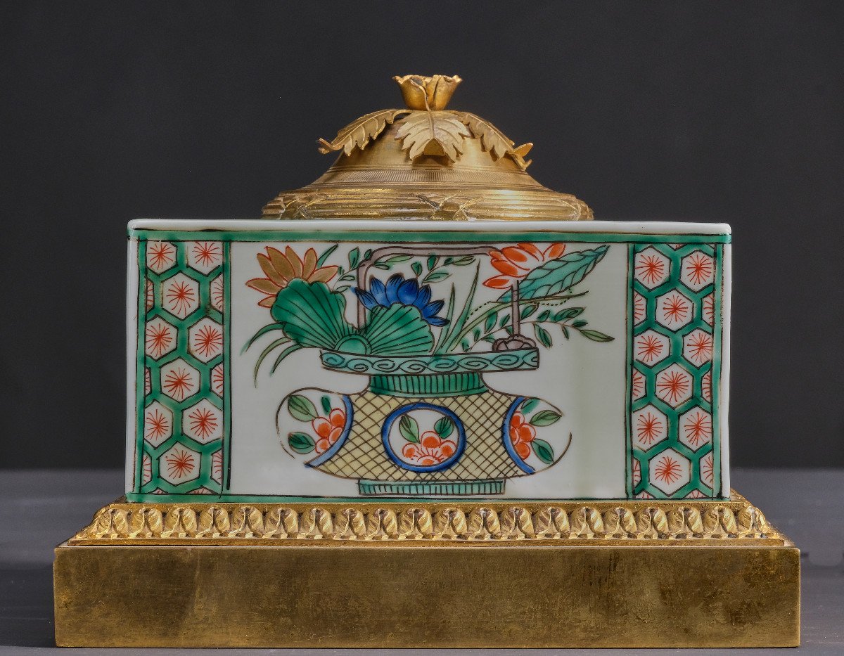 Encrier Néoclassique Doré Au Mercure  Avec Famille Vert Porcelaine, Angleterre Vers 1800-photo-4