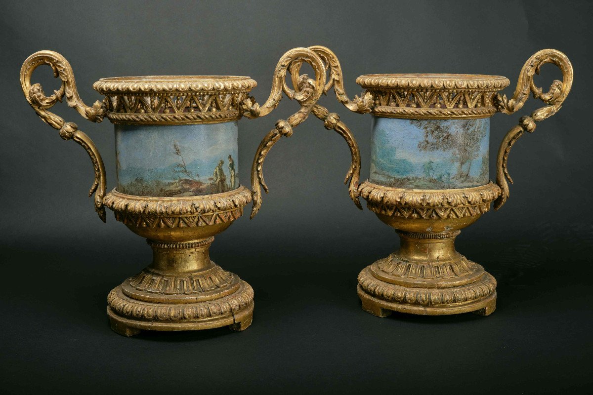 Pair Of Very Rare Vases In Carved And Gilded Wood With Painted Sheet Metal Cachepots, Rome 1780-photo-2