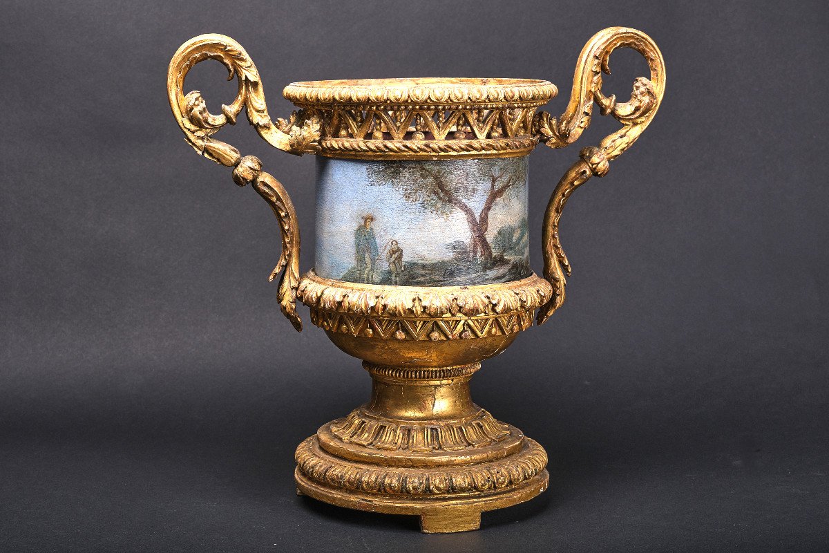 Pair Of Very Rare Vases In Carved And Gilded Wood With Painted Sheet Metal Cachepots, Rome 1780-photo-4