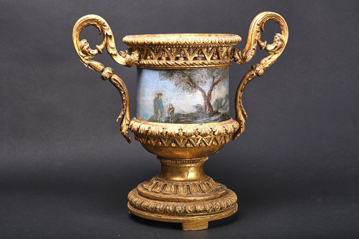 Paire Des Vases Très Rares En Bois Sculpté Et Doré Avec Des Cachepots En Tôle Peint, Rome 1780-photo-4