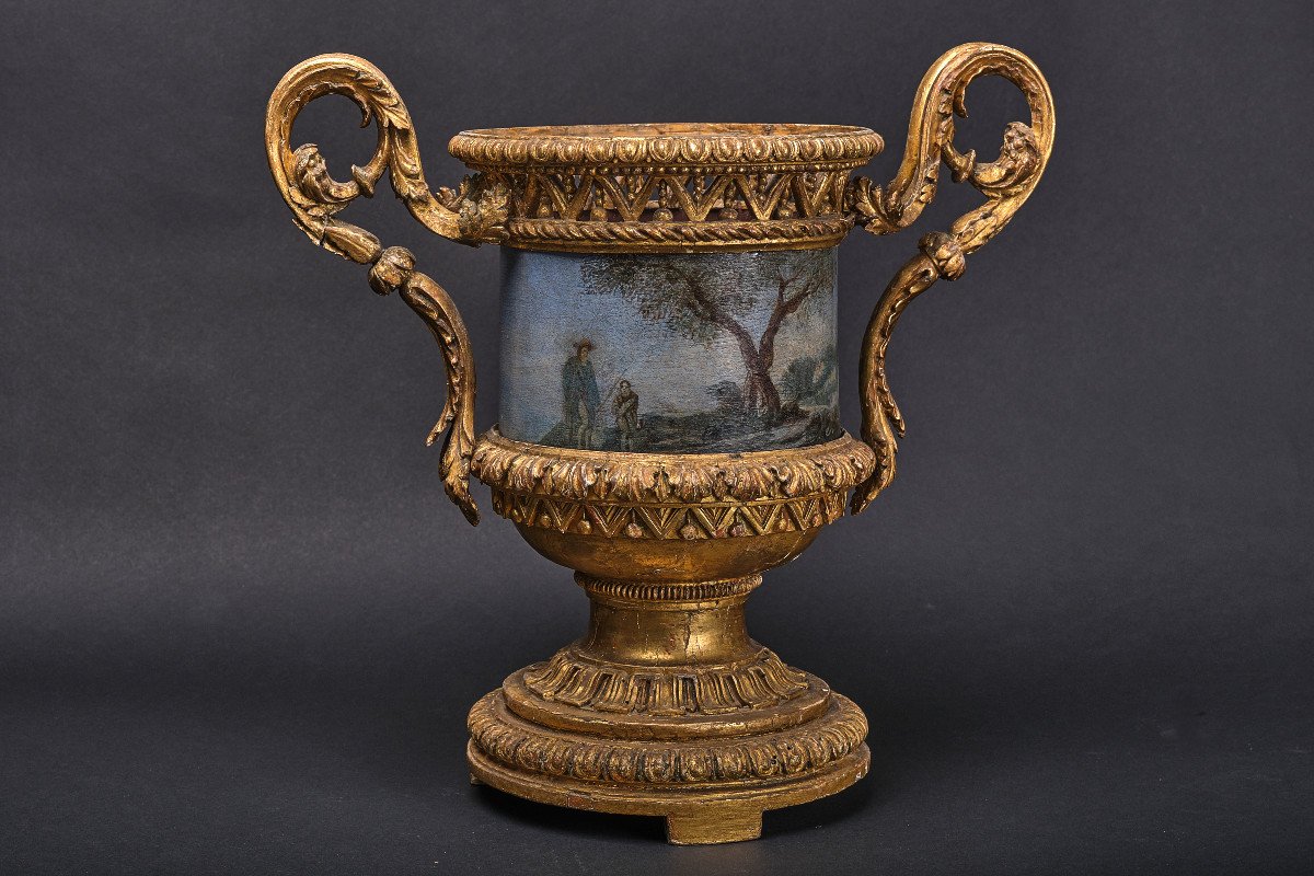 Pair Of Very Rare Vases In Carved And Gilded Wood With Painted Sheet Metal Cachepots, Rome 1780-photo-1