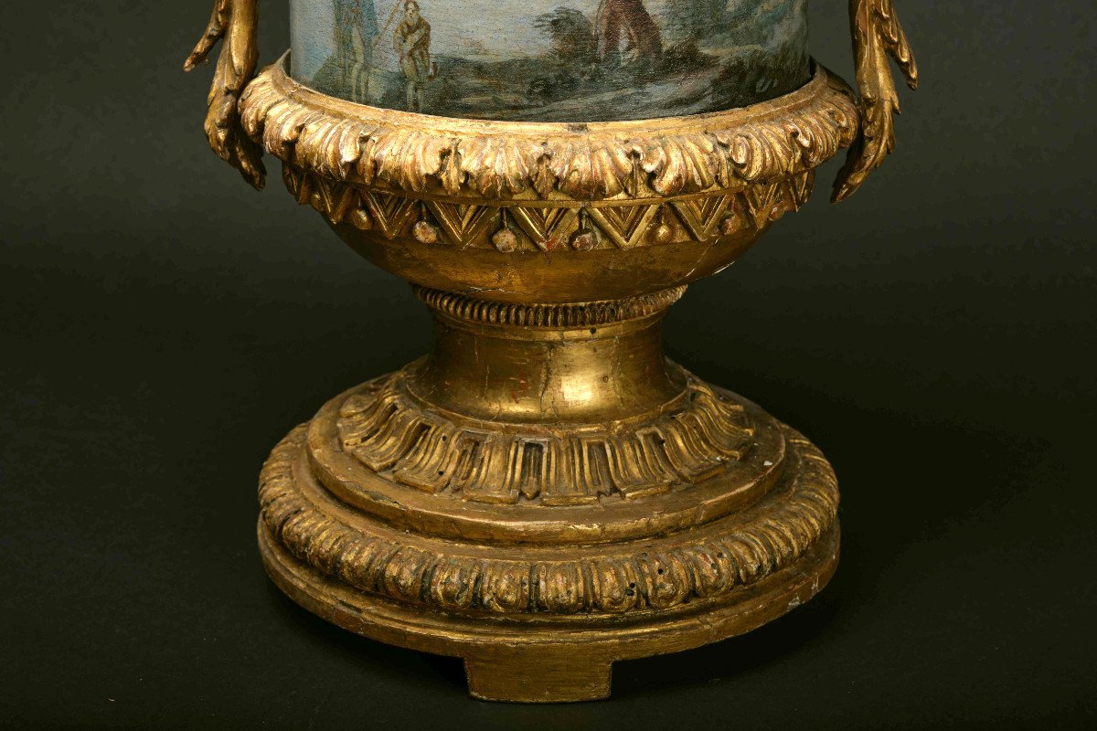 Pair Of Very Rare Vases In Carved And Gilded Wood With Painted Sheet Metal Cachepots, Rome 1780-photo-2