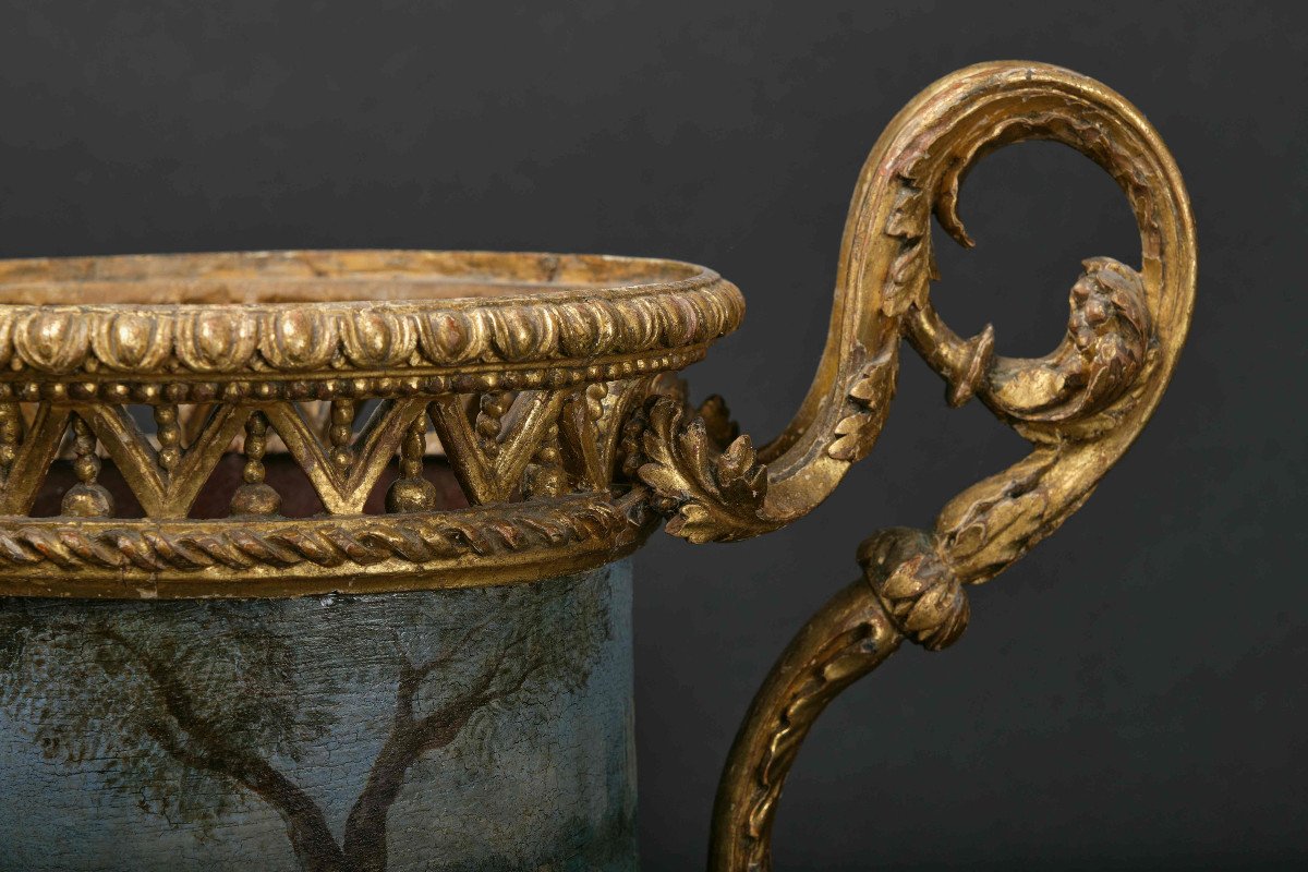 Pair Of Very Rare Vases In Carved And Gilded Wood With Painted Sheet Metal Cachepots, Rome 1780-photo-3