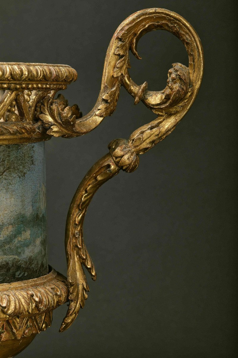 Pair Of Very Rare Vases In Carved And Gilded Wood With Painted Sheet Metal Cachepots, Rome 1780-photo-4