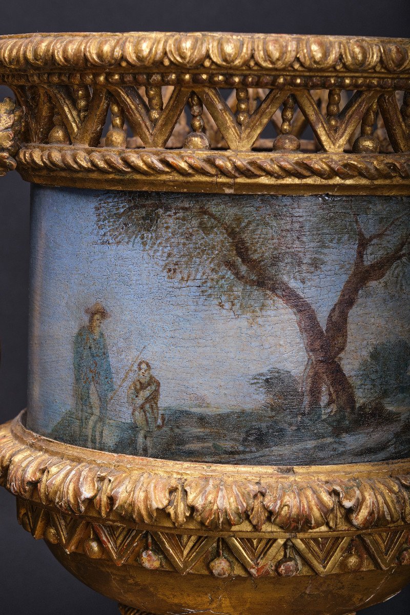 Pair Of Very Rare Vases In Carved And Gilded Wood With Painted Sheet Metal Cachepots, Rome 1780-photo-6