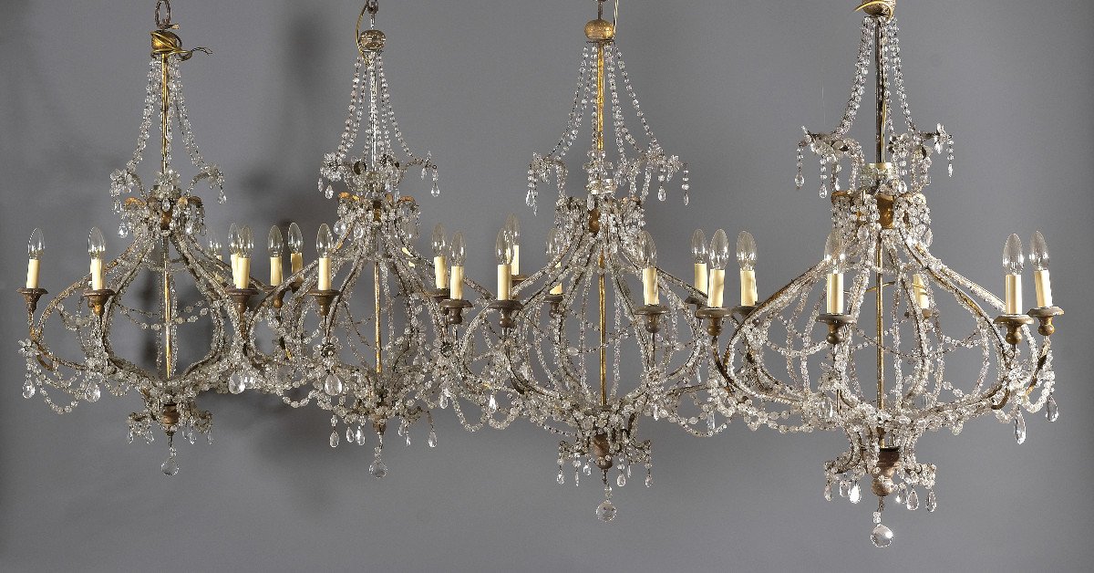 Rare Series Of Four Filigree Rock Crystal Chandeliers, Tuscany, 18th Century-photo-3