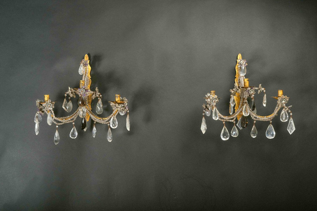 Important Pair Of Rock Crystal And Amethyst Sconces, Italy, 19th-photo-1
