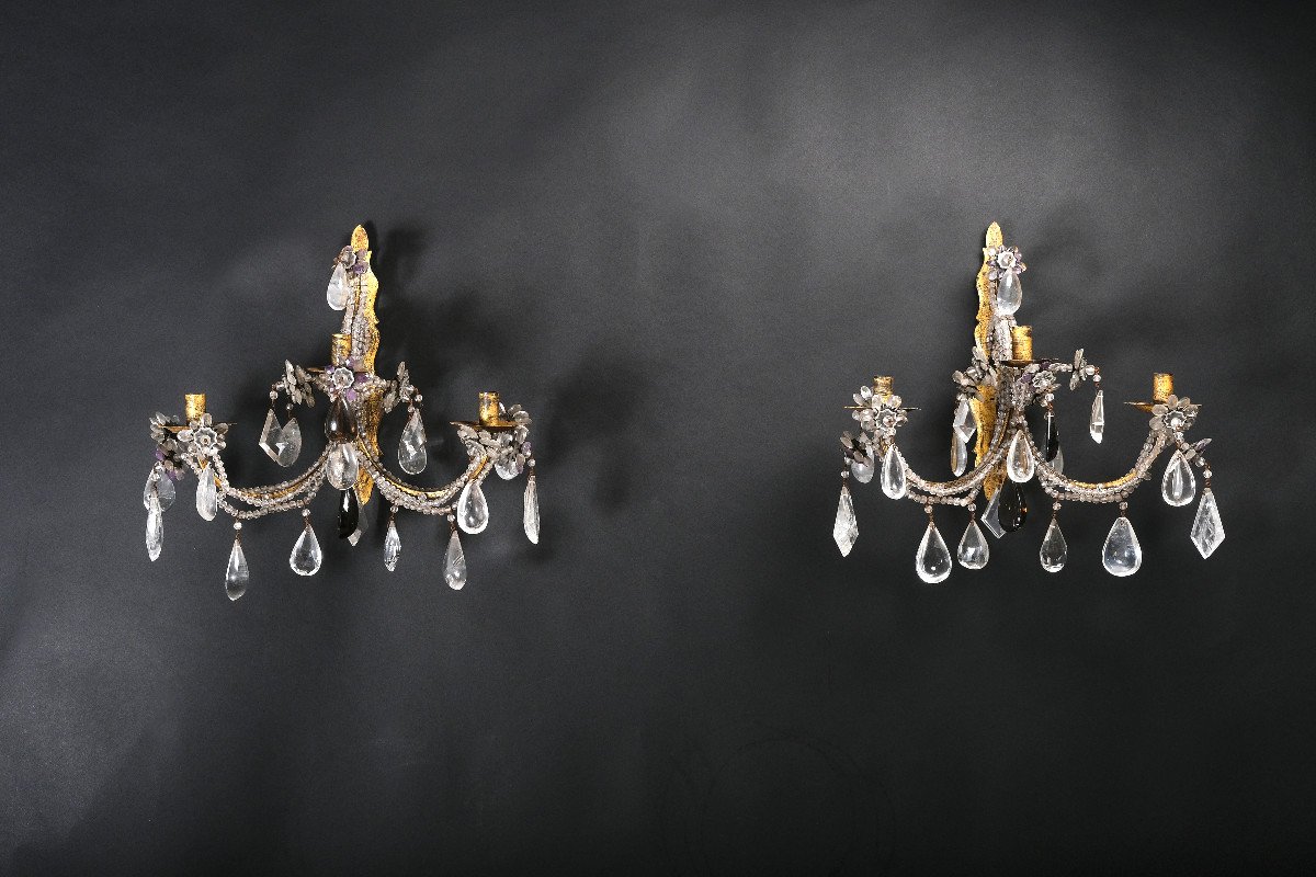 Important Pair Of Rock Crystal And Amethyst Sconces, Italy, 19th