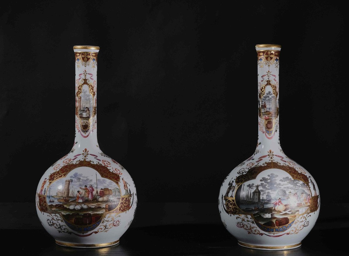 Paire De Vases Bouteilles, Marque Sous Glaçure "Augustus Rex", Probablement Saxe 19e-photo-3