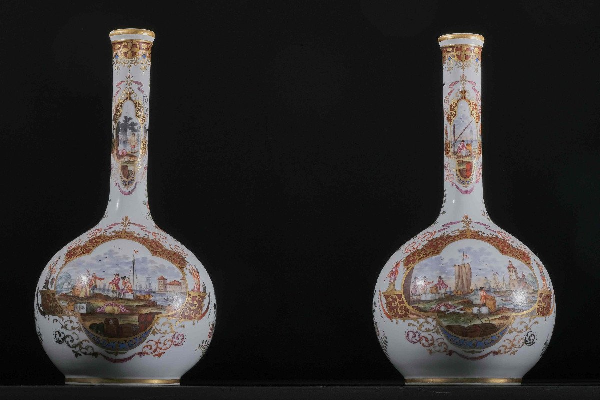 Paire De Vases Bouteilles, Marque Sous Glaçure "Augustus Rex", Probablement Saxe 19e-photo-4