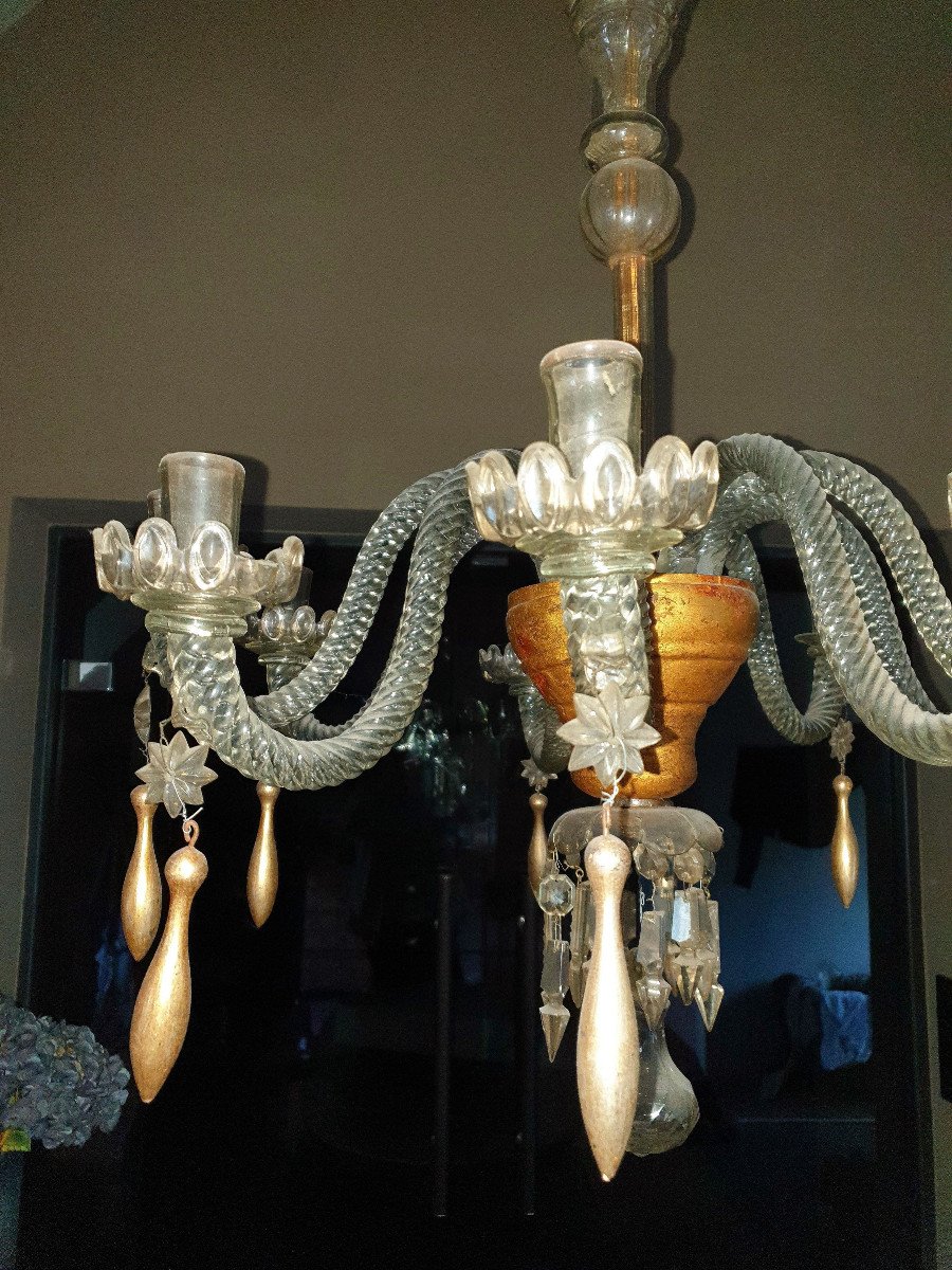Chandelier From The Neoclassical Period, In Murano Crystal With Golden Wood, Lucca Early 19th-photo-2